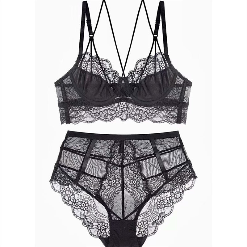 Sexy Underwire Gathered Lace Sheer Bra & Panty Sets [BRPY0002]