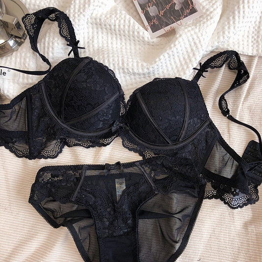 Sexy Wireless Gathered Lace Bow Bra & Panty Sets [BRPY0032]
