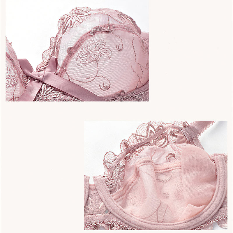 Sexy Underwire Gathered Lace Sheer Bow Bra & Panty Sets [BRPY0039]