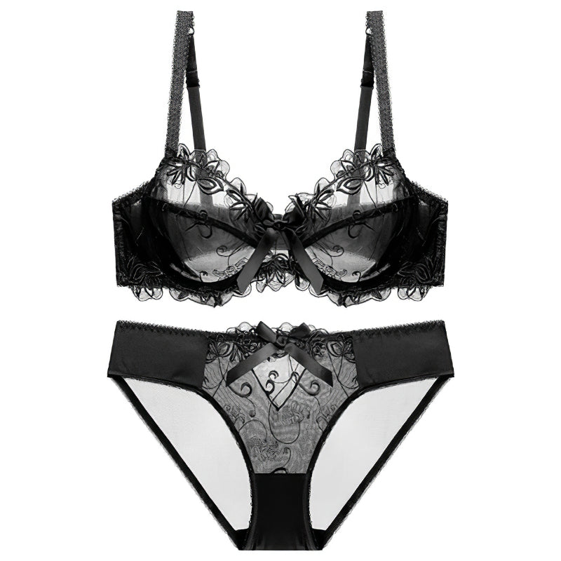 Sexy Underwire Gathered Lace Sheer Bow Bra & Panty Sets [BRPY0039C]
