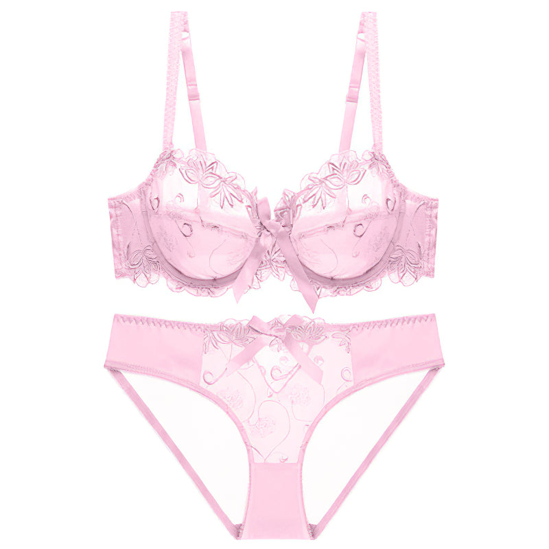 Sexy Underwire Gathered Lace Sheer Bow Bra & Panty Sets [BRPY0039C]