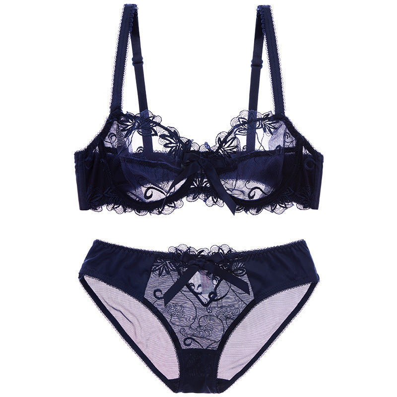 Sexy Underwire Gathered Lace Sheer Bow Bra & Panty Sets [BRPY0039C]