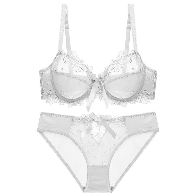 Sexy Underwire Gathered Lace Sheer Bow Bra & Panty Sets [BRPY0039C]