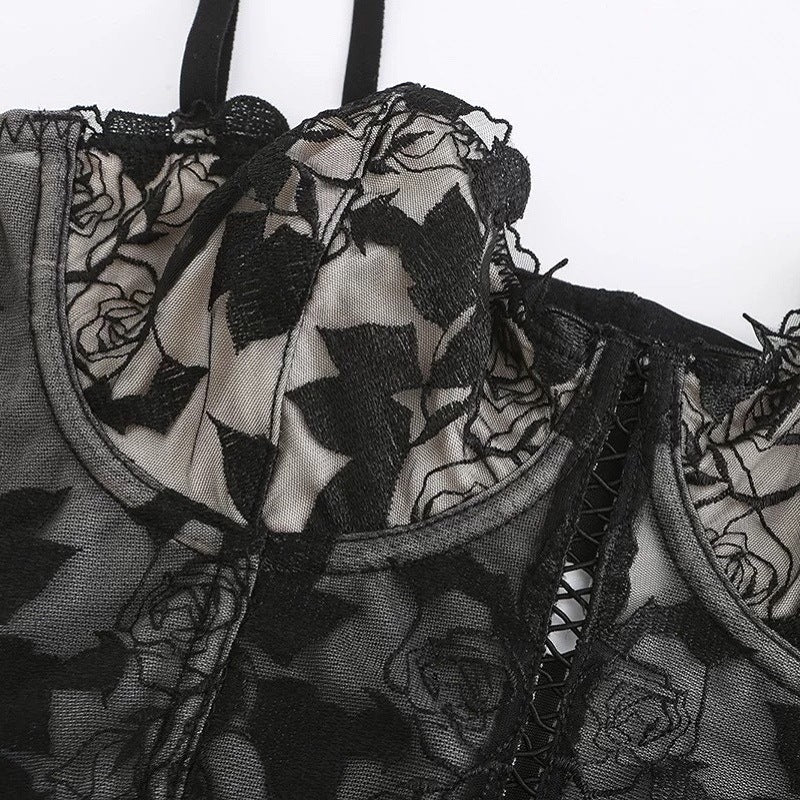 Sexy Soft Wire Gathered Lace Embroidery Longline Bra & Panty Sets [BRPY0065]