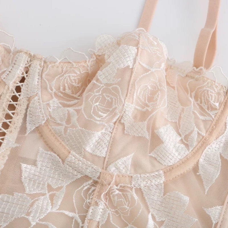 Sexy Soft Wire Gathered Lace Embroidery Longline Bra & Panty Sets [BRPY0065]