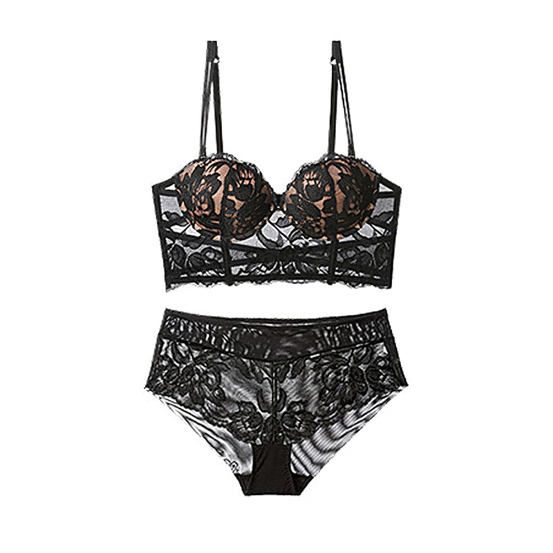 Sexy Soft Wire Gathered Lace Longline Bra & Panty Sets [BRPY0084]