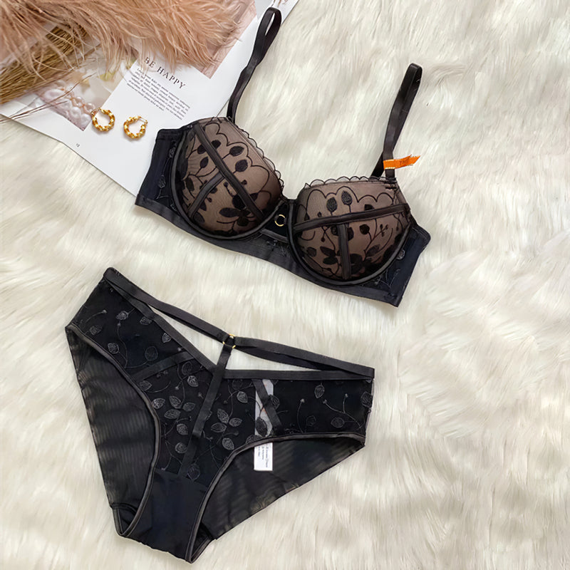 Sexy Underwire Gathered Lace Embroidery Bra & Panty Sets [BRPY0095]