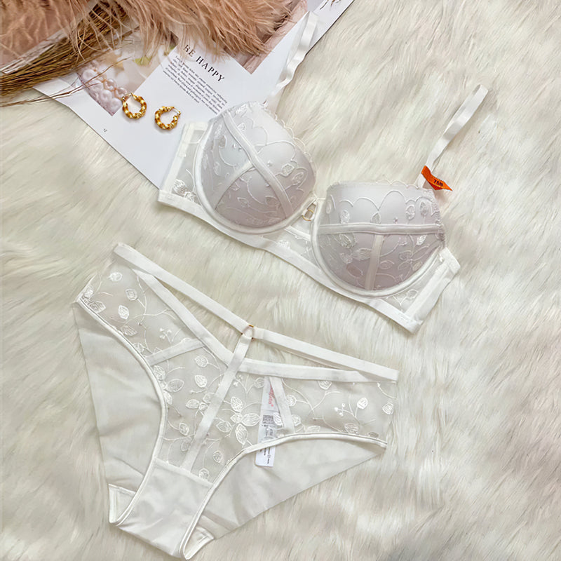 Sexy Underwire Gathered Lace Embroidery Bra & Panty Sets [BRPY0095]