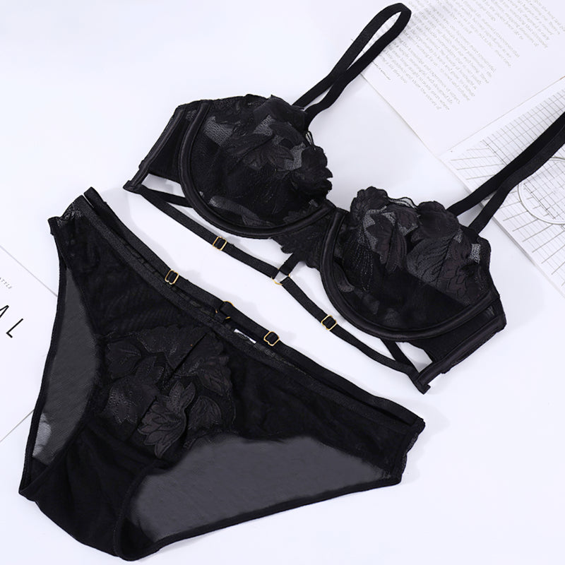Sexy Underwire Gathered Lace Embroidery Bra & Panty Sets [BRPY0102]